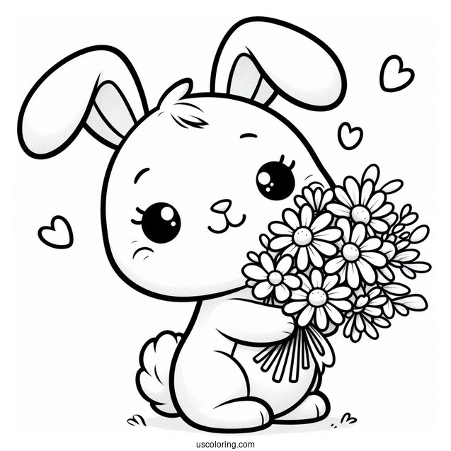 Happy Easter Bunny Coloring Page Holding Flower Bouquet For Kids