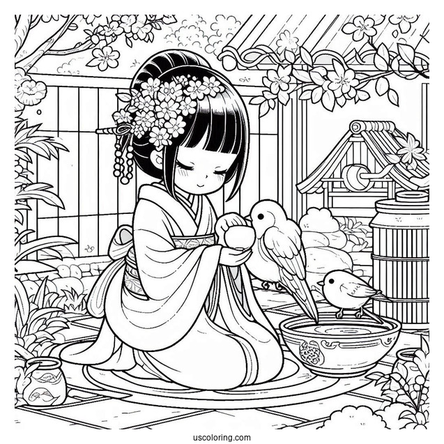 Nezuko Coloring Page Caring For Bird In Japanese Garden