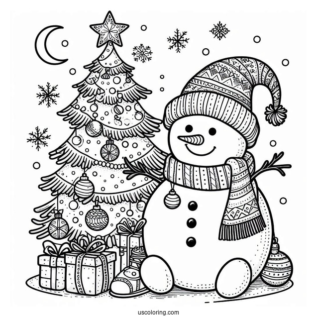 Happy Snowman Sitting Next To Christmas Tree