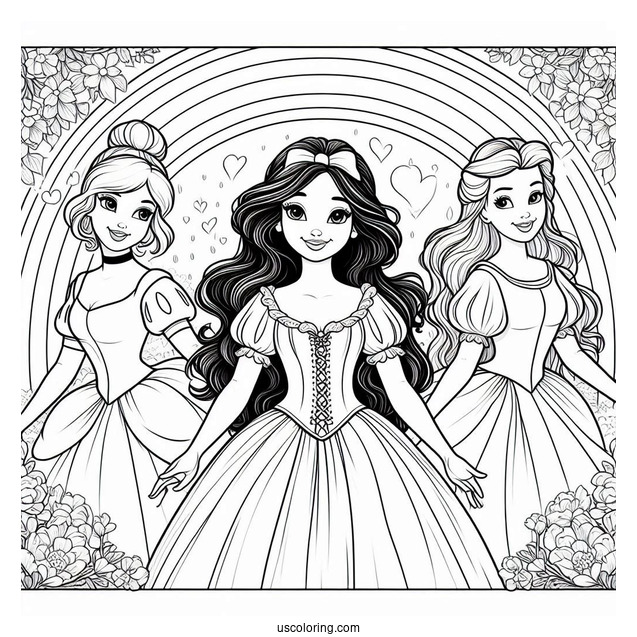 Beautiful Snow White, Cinderella, And Belle In Front Of A Rainbow Coloring Sheet