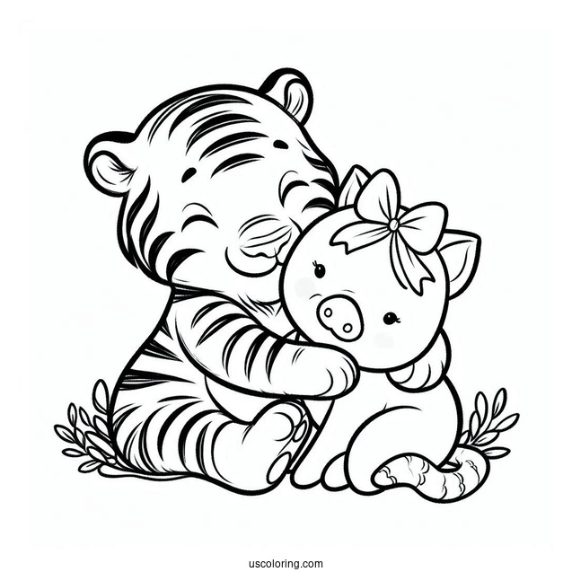 Tiger Hugging Piglet Coloring Page