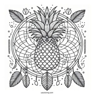 Pineapple Coloring Page Dreamcatcher With Mandala and Coconuts