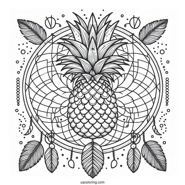 Pineapple Coloring Page Dreamcatcher With Mandala and Coconuts