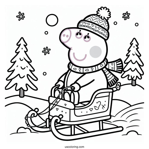 George Pig Riding Sleigh In Winter To Color