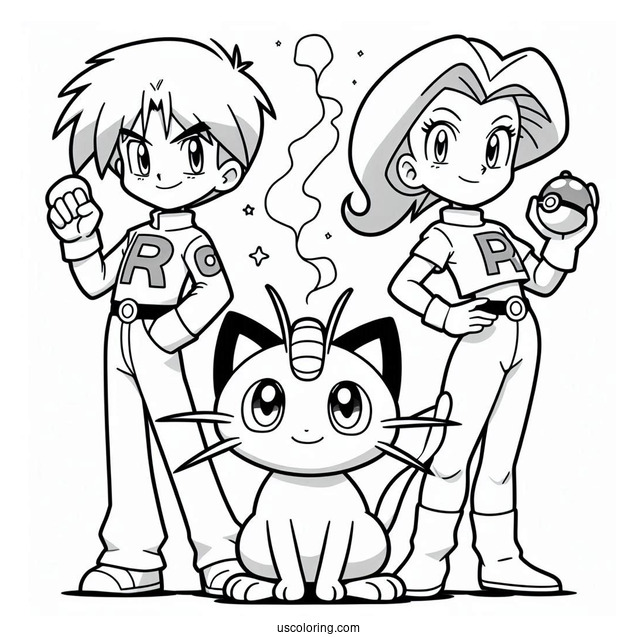 Team Rocket Jessie, James, and Meowth Coloring Page