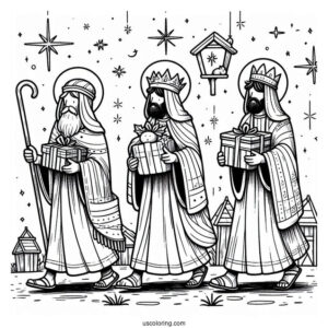 Nativity Coloring Page Of Three Kings Carrying Gifts For Jesus