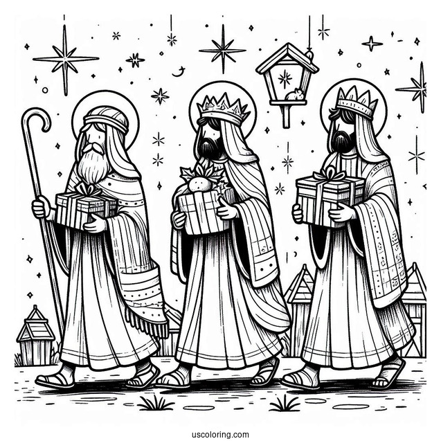 Nativity Coloring Page Of Three Kings Carrying Gifts For Jesus