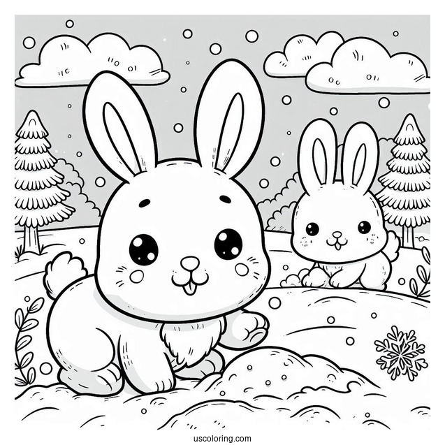 Smiling Rabbit Coloring Page In The Snow For Preschoolers