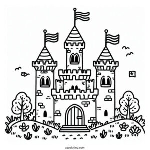 Easy Castle Coloring Page With Flags For Preschoolers