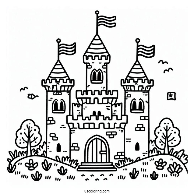 Easy Castle Coloring Page With Flags For Preschoolers