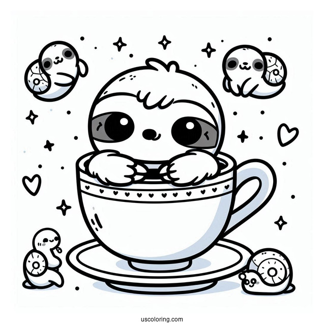 Kawaii Sloth Sitting In Teacup Coloring For Preschoolers