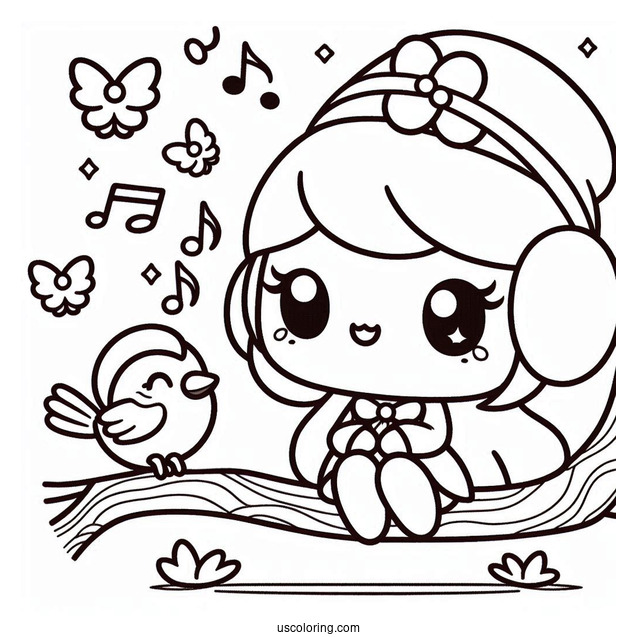 Kawaii My Melody Coloring Page Watching Bird