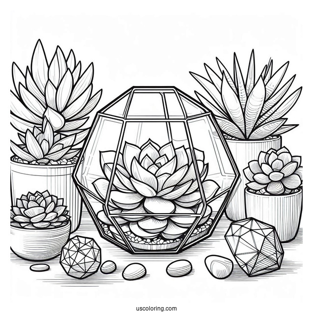 Succulent Coloring Page In Geometric Glass Terrarium