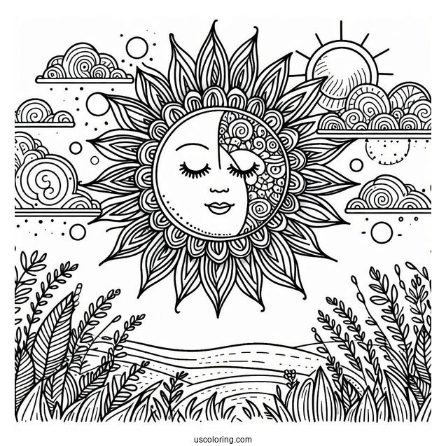 Intricate Sun With Clouds And Vegetation Coloring Page