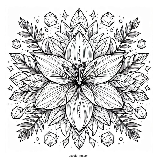 Tropical Lily Flower Mandala Coloring Page With Crystals