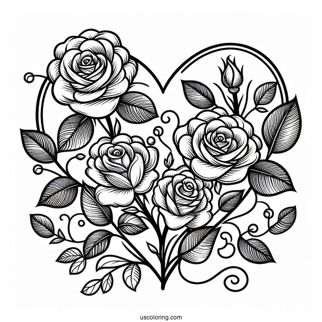 Love Heart Shape With Roses To Color