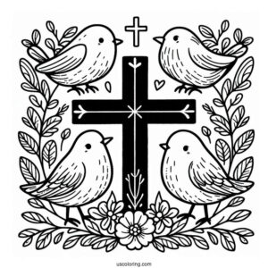 Cute Little Birds Surrounding A Cross Coloring Page For Kids