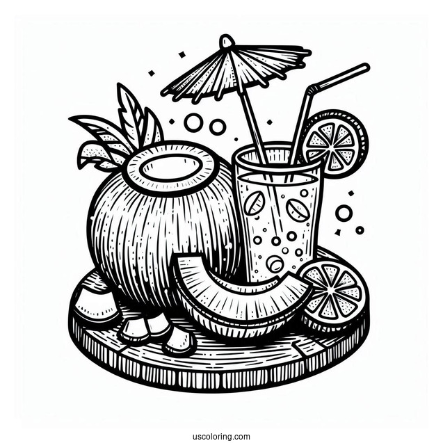 Delicious Coconut Coloring Page Drink With Paper Parasol And Fruit Slices