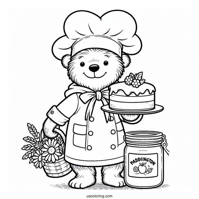 Chef Paddington Coloring Page Carrying A Cake And A Jar Of Marmalade