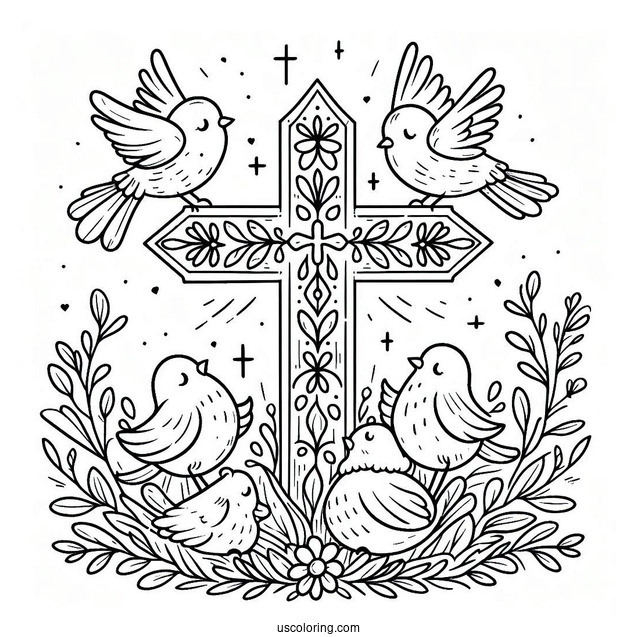 Cute Little Birds Surrounding A Cross Coloring Page For Kids