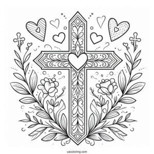 Cross Coloring Page With Love Hearts And Floral Details
