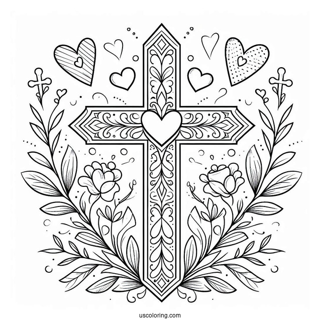 Cross Coloring Page With Love Hearts And Floral Details