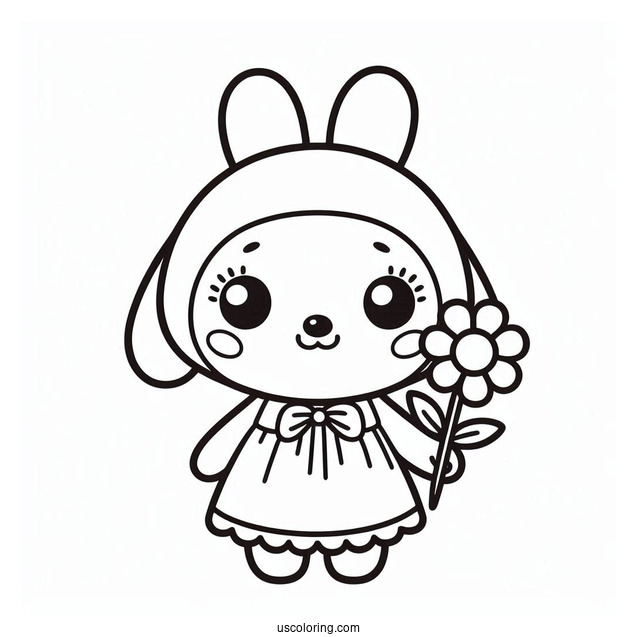 Pororo Coloring Page Of Kawaii Loopy In A Dress Holding Flower For Preschoolers