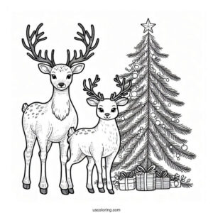 Adult Reindeer Next To Christmas Tree