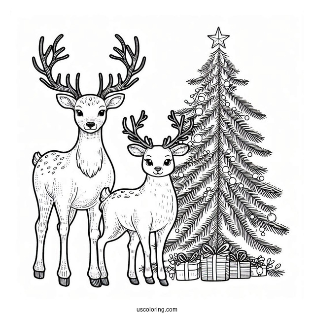 Adult Reindeer Next To Christmas Tree