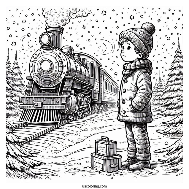 Polar Express Coloring Page Of Lonely Boy Standing In The Snow