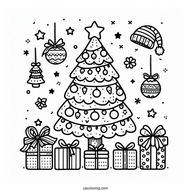 Simple Christmas Tree With Presents Coloring Sheet