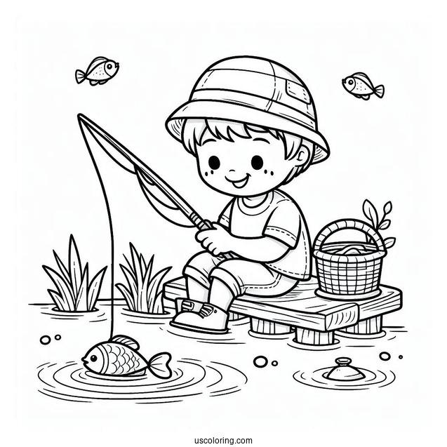 Happy Little Boy Fishing Coloring Page