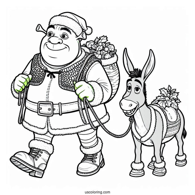 Shrek Dressed As Santa With Donkey Coloring Sheet