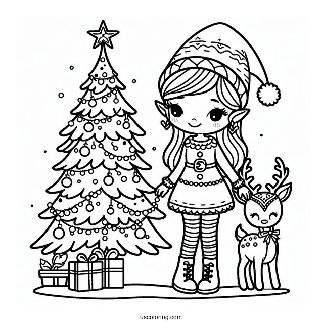 Elf, Reindeer And Christmas Tree To Color For Kids