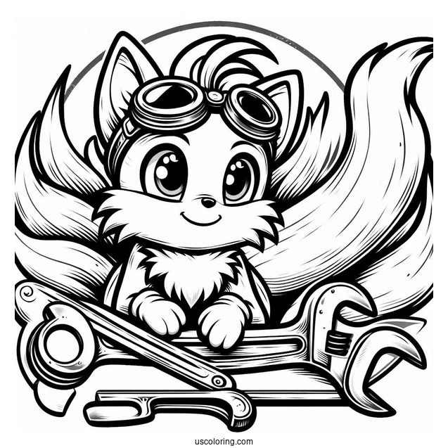 Detailed Tails Coloring Page With Goggles and Wrench