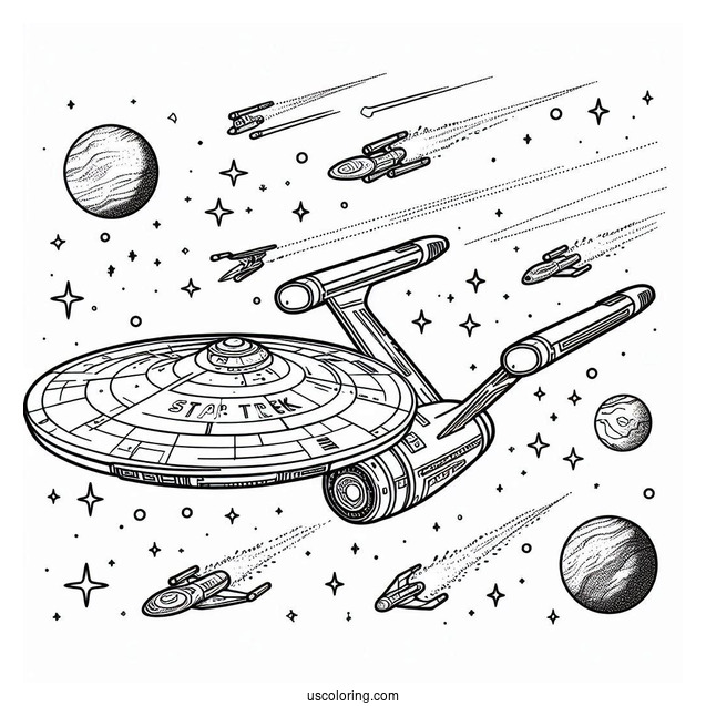 Star Trek Coloring Page Of USS Enterprise In Outer Space For Kids