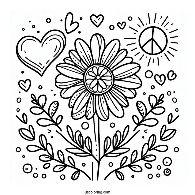 Peace Coloring Page Of Cute Flower With Love Heart For Eyes For Preschoolers