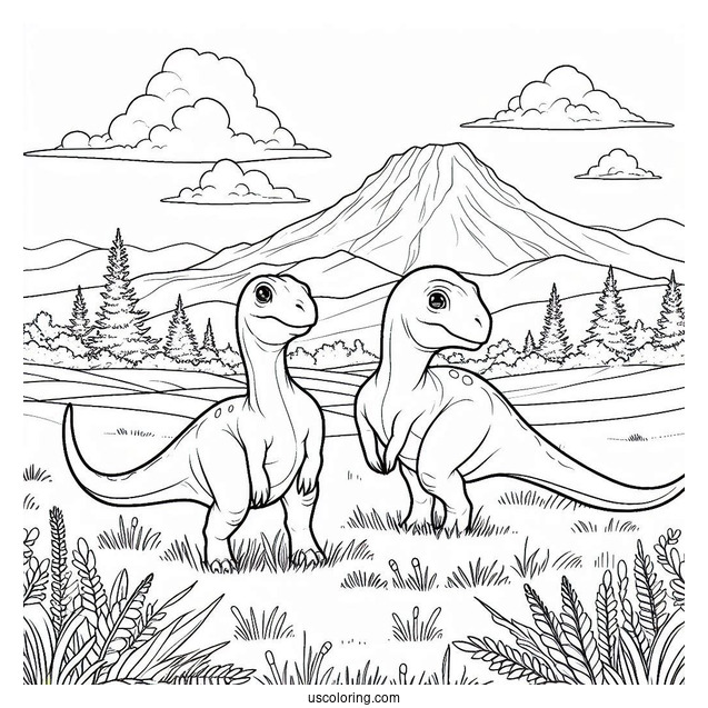 Two Young Parasaurolophus Coloring Page On A Field