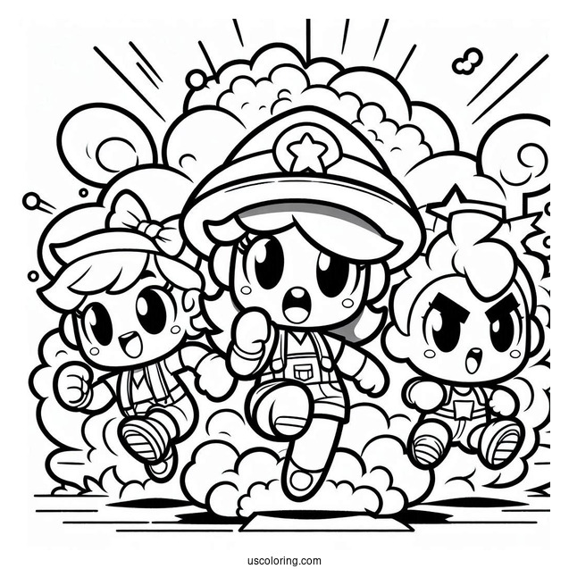 Brawl Stars Coloring Page Of Shelly, Colt, And Poco Running Away From Explosion