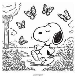 Snoopy Walking In Park With Butterflies