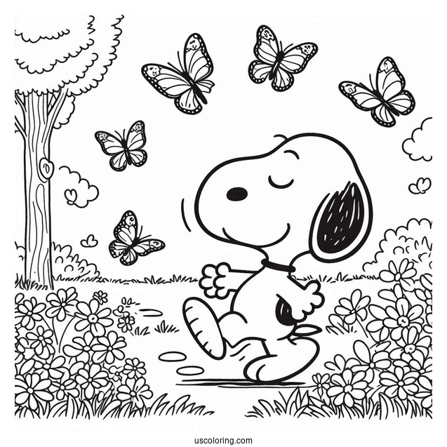 Snoopy Walking In Park With Butterflies