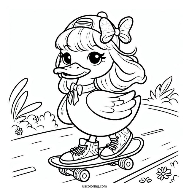 Duck Skateboarding Down the Street Coloring Page For Kids