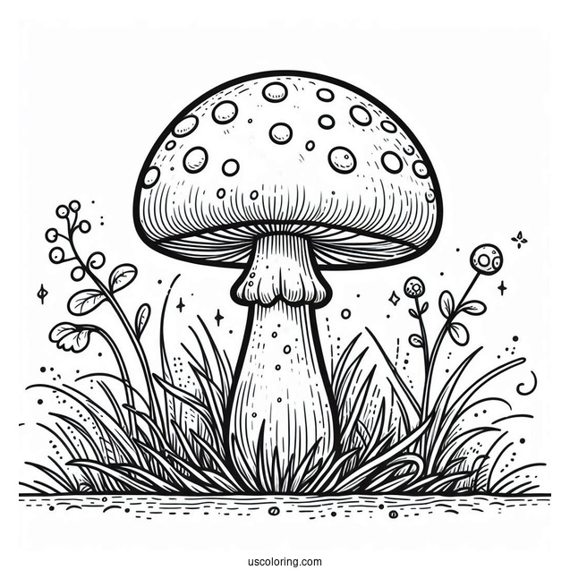 Easy Fly Agaric Mushroom Coloring Page Surrounded By Grass For Kids