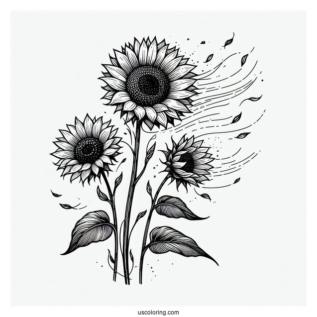 Sunflowers Blowing In The Wind For Coloring