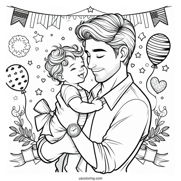 Dad Holding His Baby On Father's Day Coloring Page