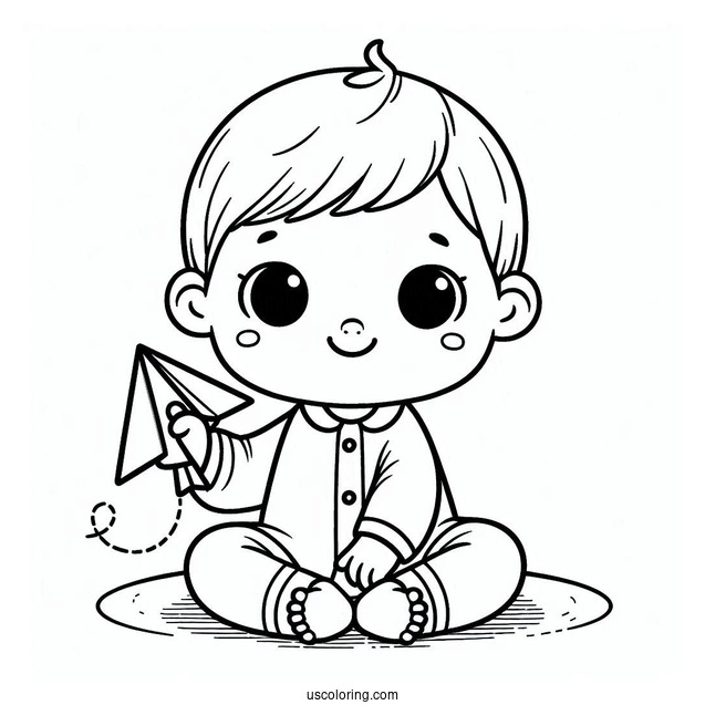 Easy Baby Coloring Page Holding A Paper Airplane