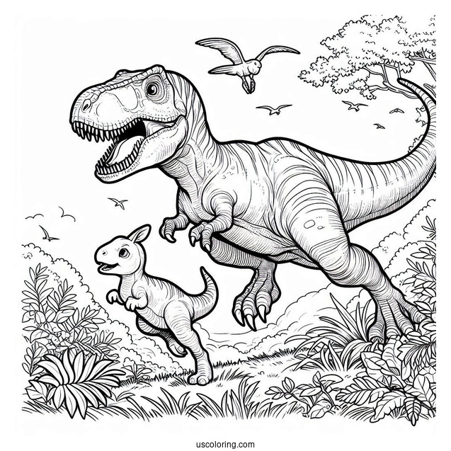 T Rex Chasing Parasaurolophus Coloring Page
