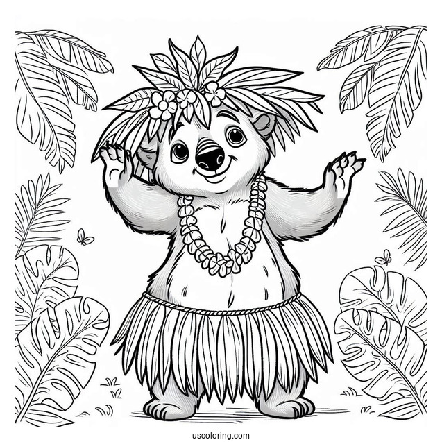 Jungle Book Coloring Page Of Balooo Wearing Hula Skirt And Leaf Headdress For Kids