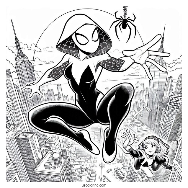 Detailed Spider-Gwen Coloring Page Holding Spider Gwen In Mid Air
