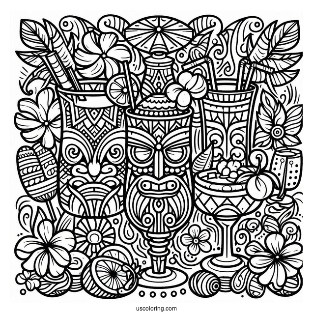 Hawaiian Tiki And Cocktails Pattern Coloring Page